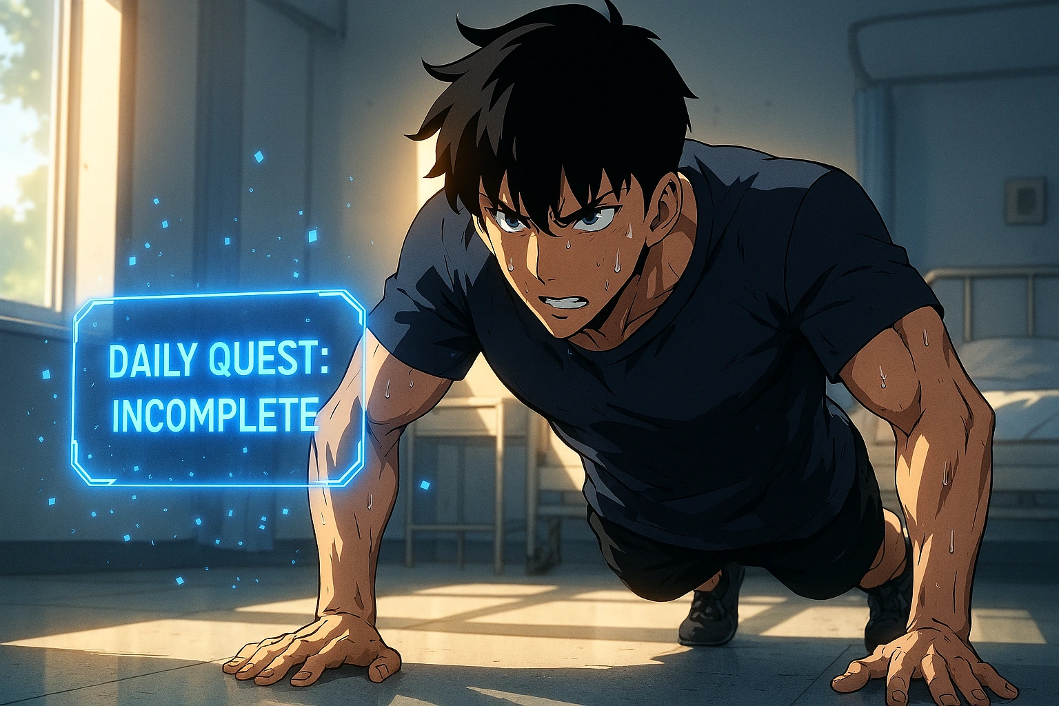 Sung Jin-woo training with the System screen glowing in front of him.