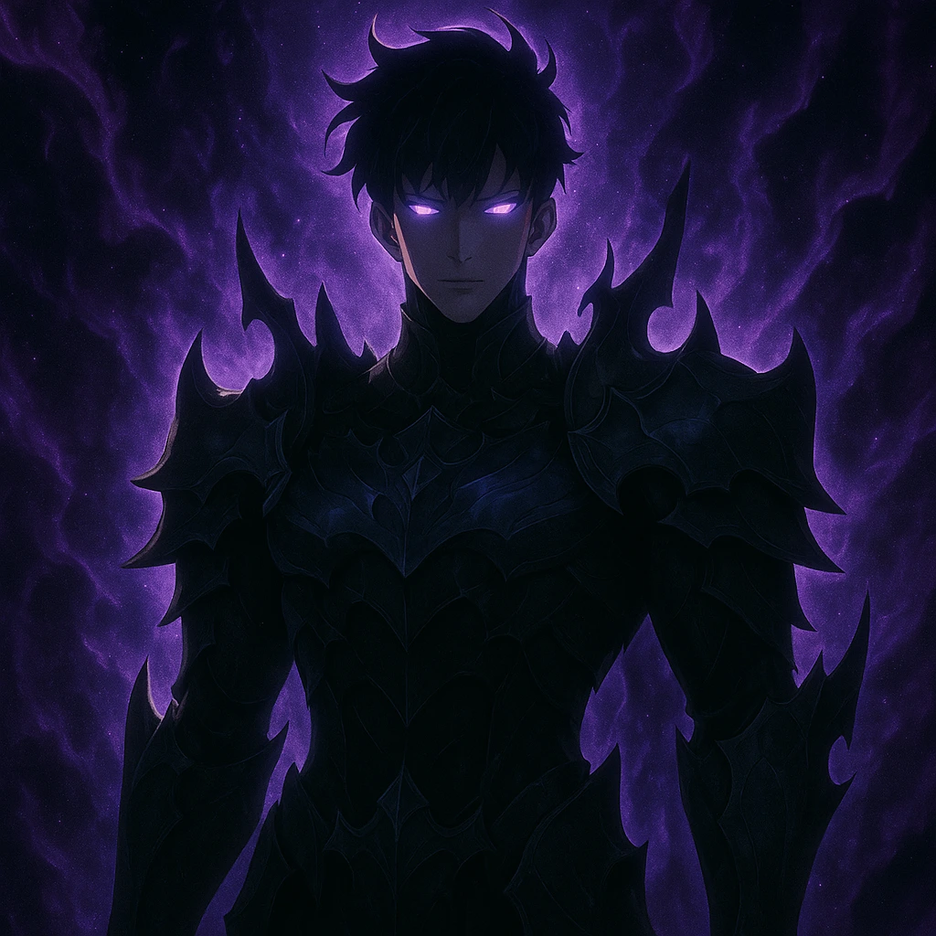 Sung Jin-woo fully ascended as the Shadow Monarch with purple aura.