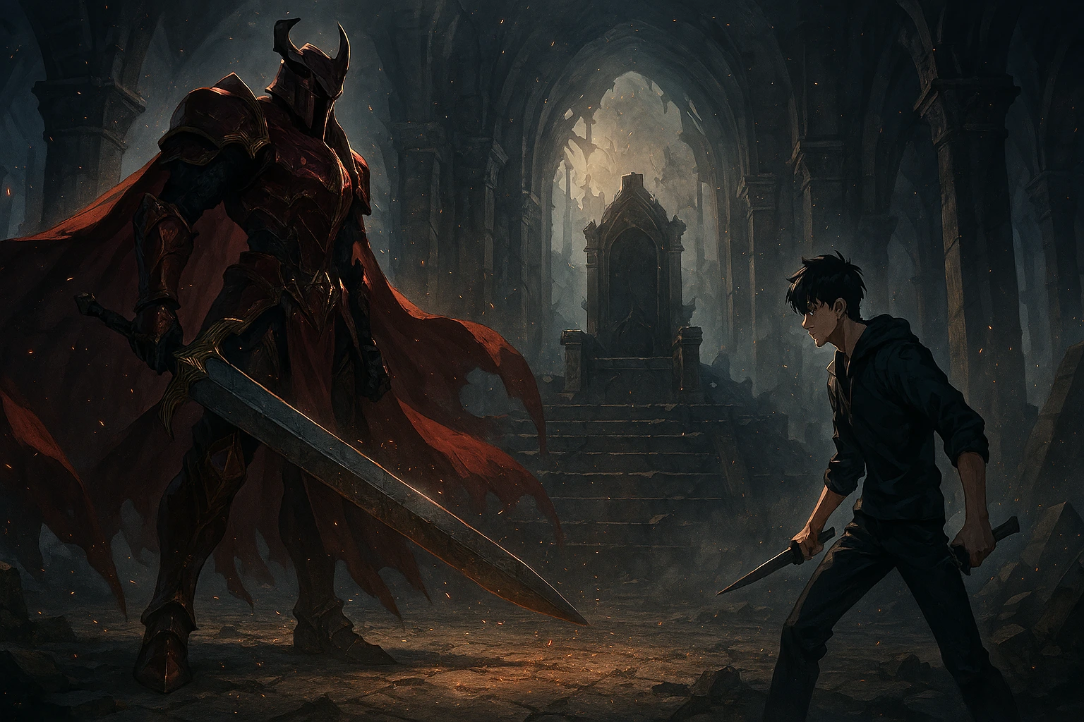 Sung Jin-woo facing the Blood-Red Commander Igris in the throne room.