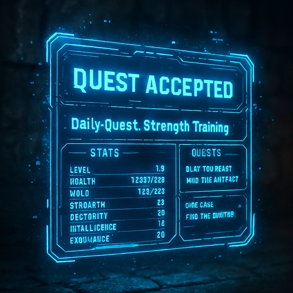 Blue holographic screens of The System displaying stats and quests