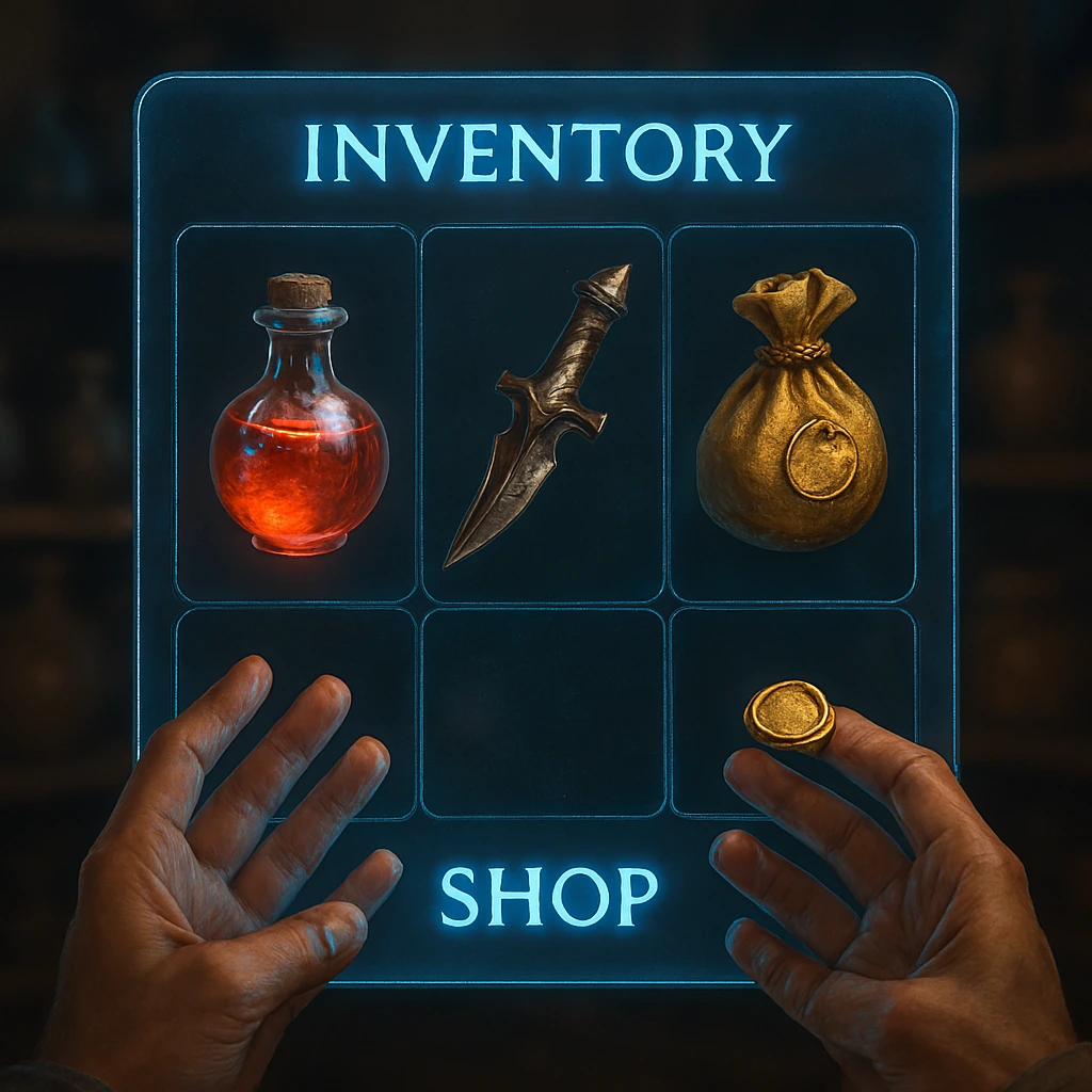 The System shop interface showing potions and daggers.