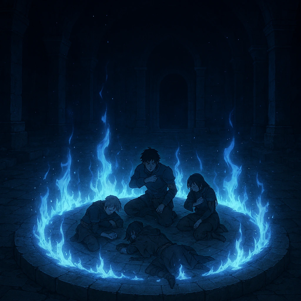 The sacrificial altar in the center of the Temple of Cartenon surrounded by blue flames.