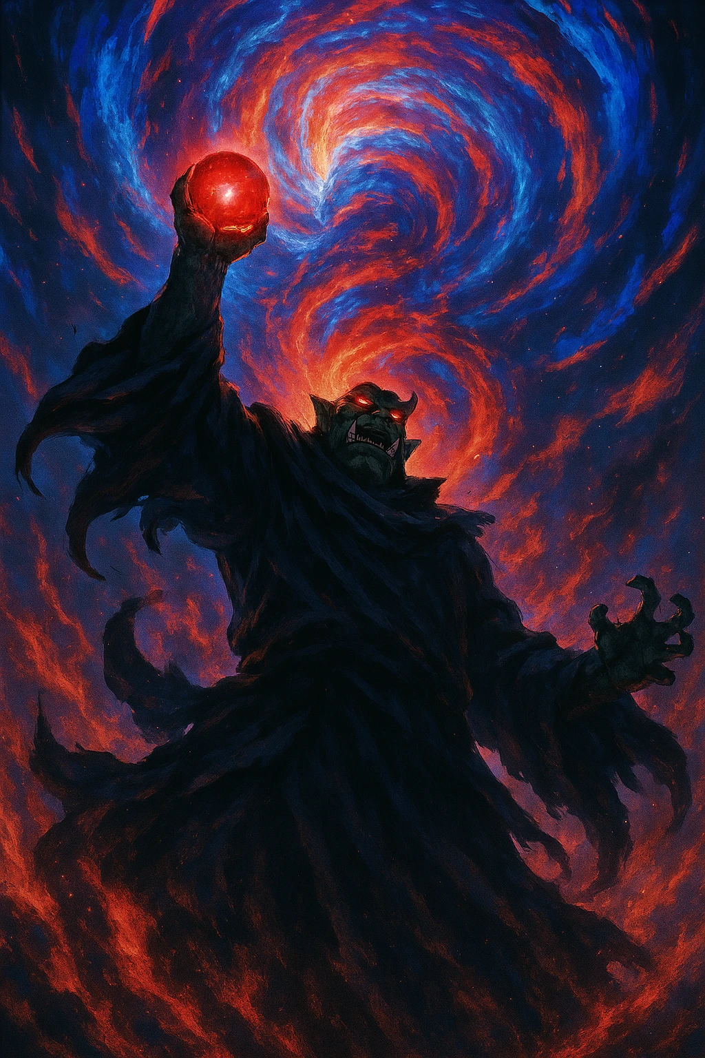 Tusk the High Orc Sorcerer of the Shadow Legion casting a massive fire spell.