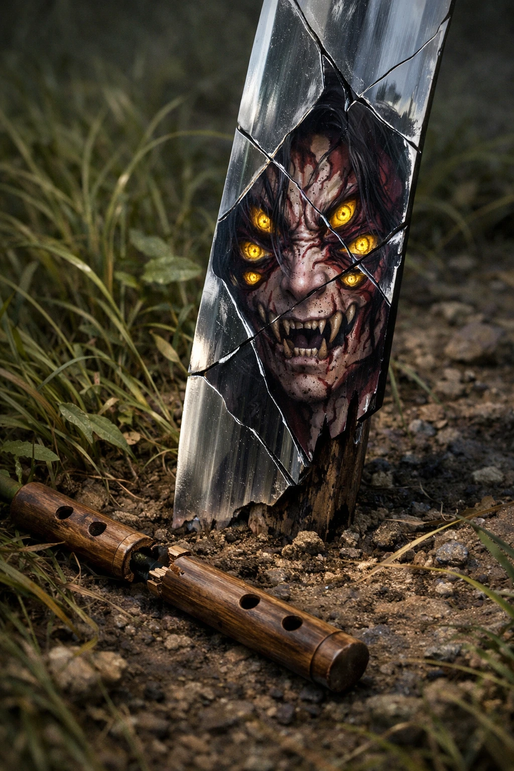 The hideous monster reflection of Kokushibo in a Hashira's broken blade next to a wooden flute.
