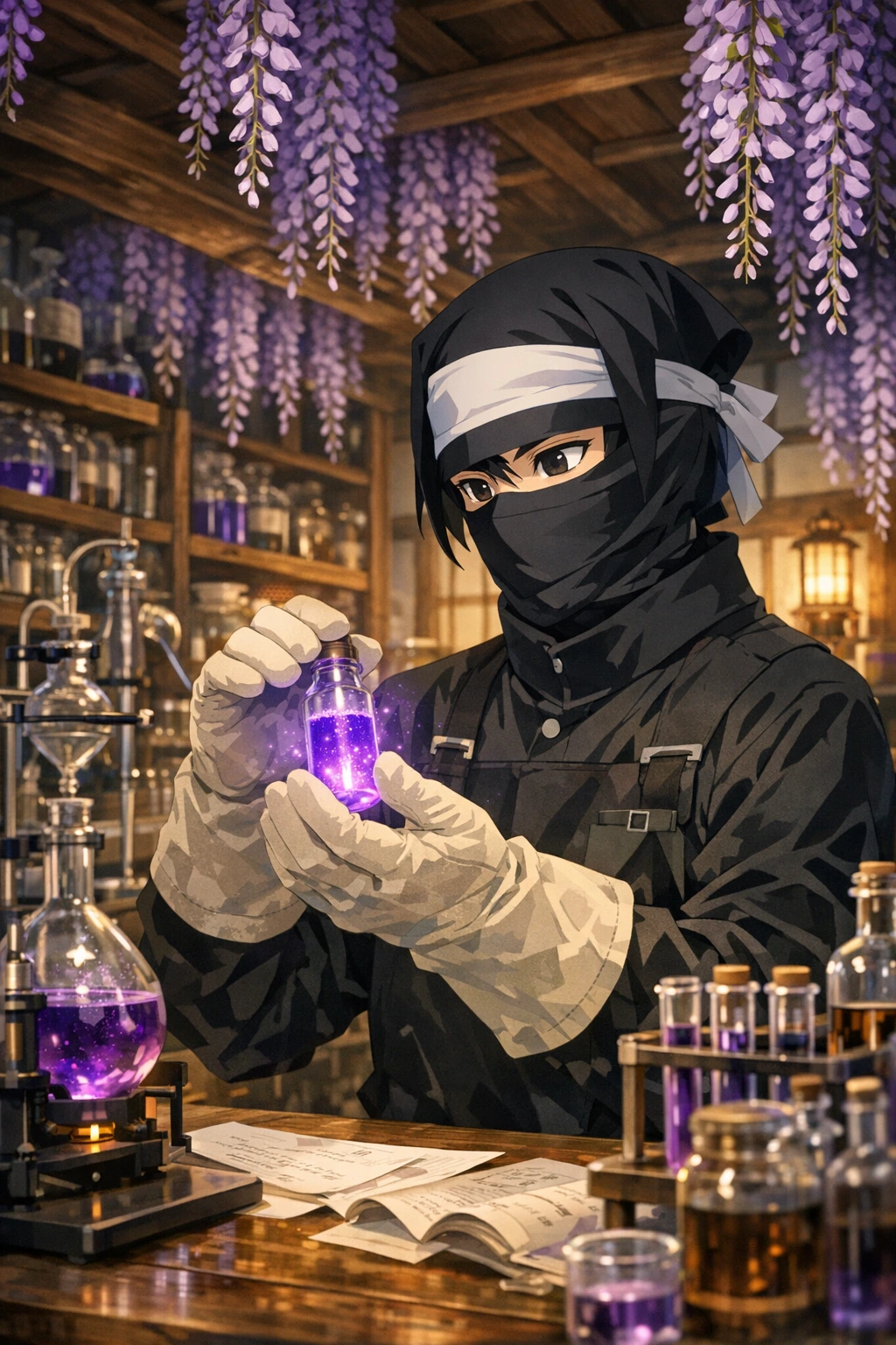 Demon Slayer Kakushi handling glowing wisteria poison at the Butterfly Mansion.