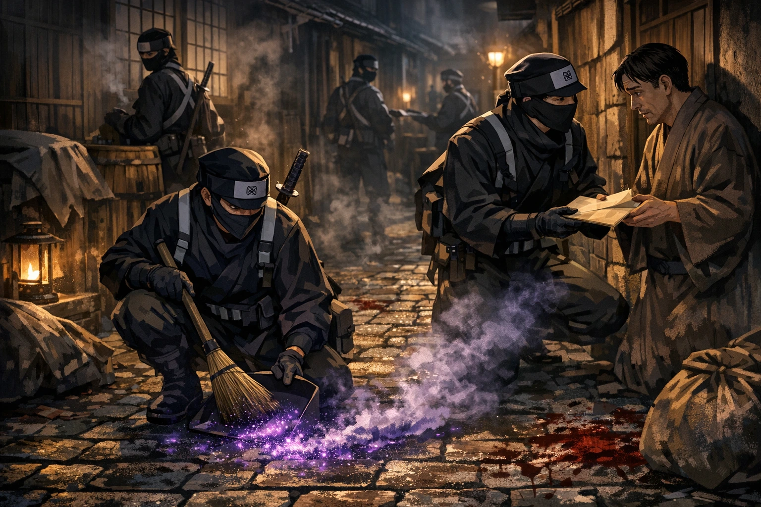 Demon Slayer Kakushi conducting covert forensic cleanup and covering up demon attacks.