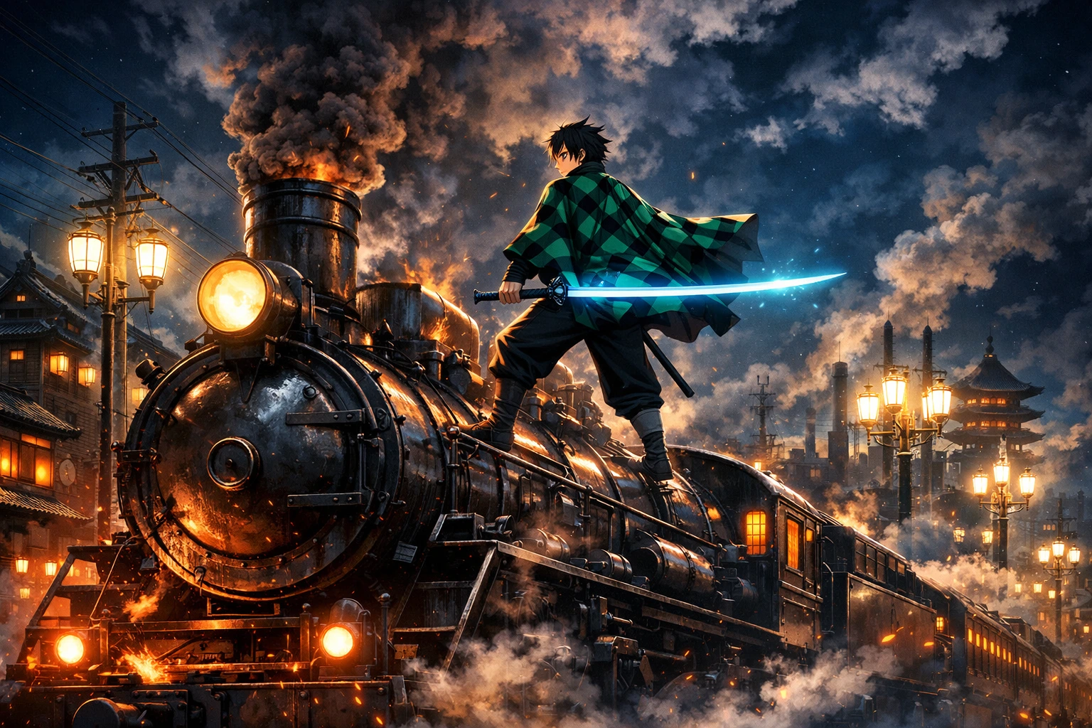 Demon Slayer Taisho Era - Epic cinematic clash between traditional samurai and modern industrial trains.