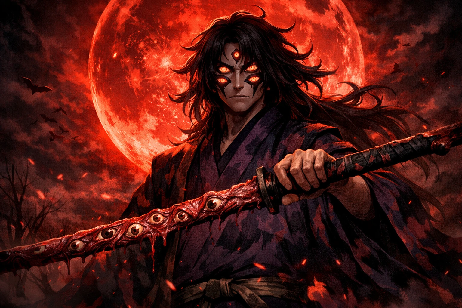 Epic featured artwork of Kokushibo standing under a blood moon with his flesh sword.
