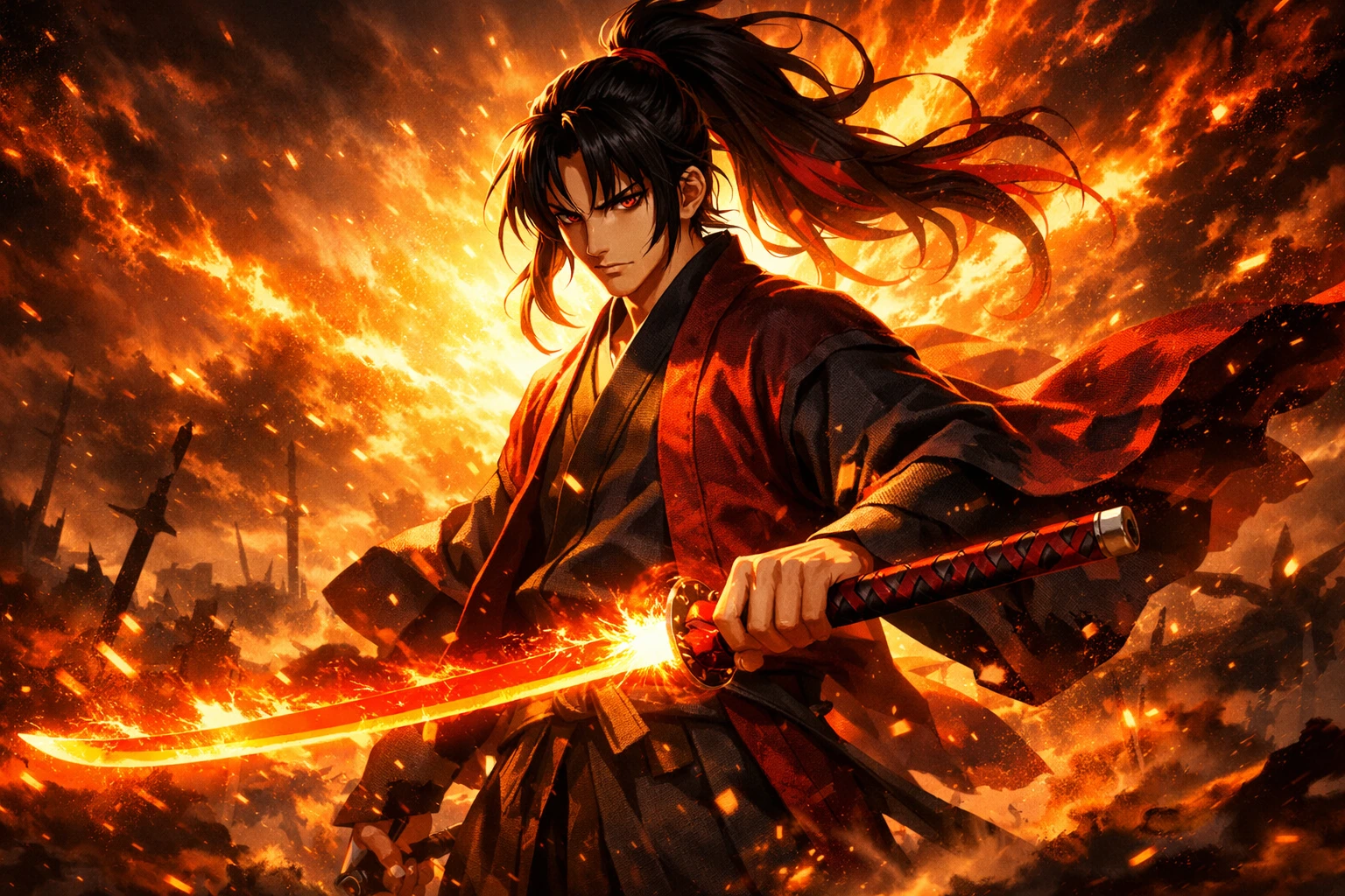 Epic artwork of Yoriichi representing the power of Demon Slayer Sun Breathing.