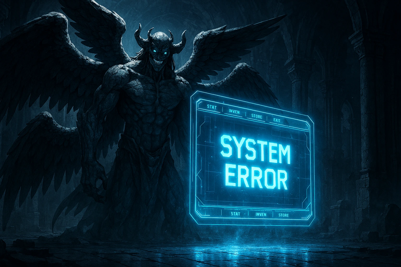 The Architect standing before a massive glowing Solo Leveling system screen in a dark temple.