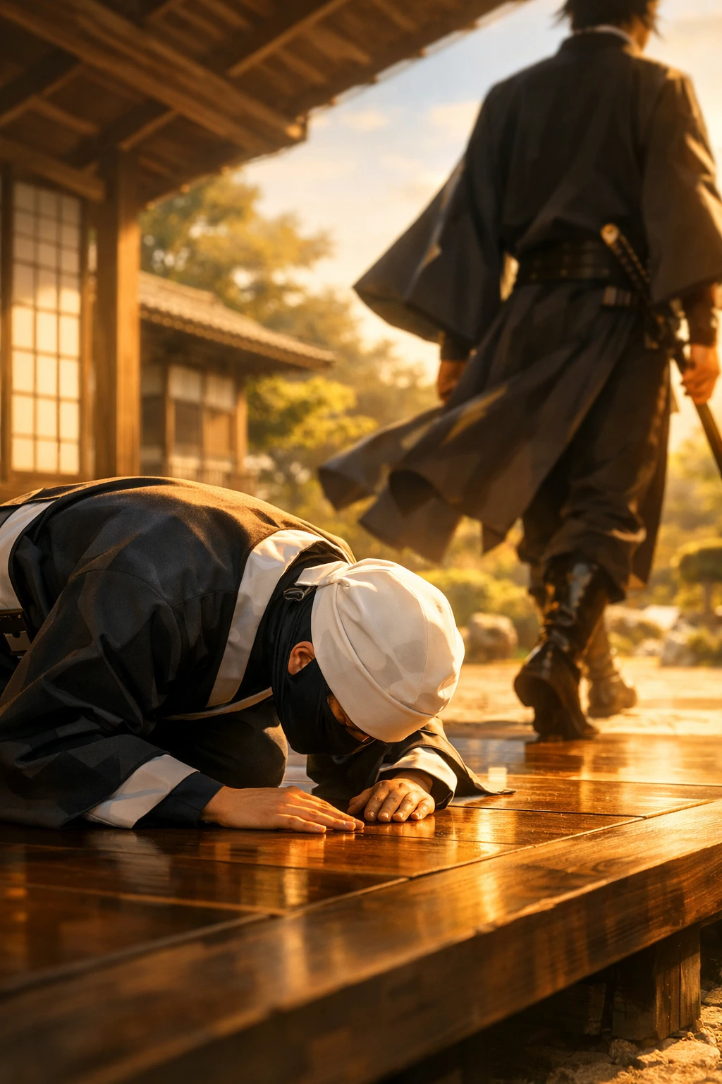 Demon Slayer Kakushi bowing with deep respect as a powerful Hashira walks by.