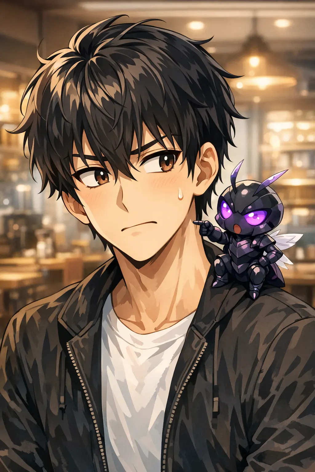 The tiny chibi ant king Beru sitting on Sung Su-ho's shoulder acting like a mentor.