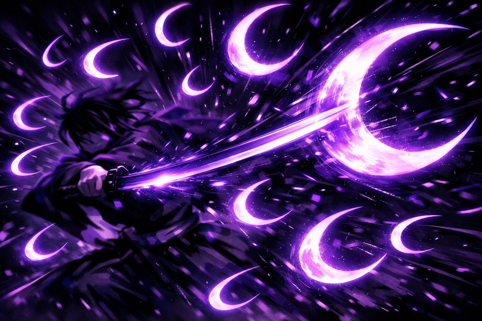 The chaotic physics and purple crescent blades of Kokushibo's terrifying Moon Breathing technique.