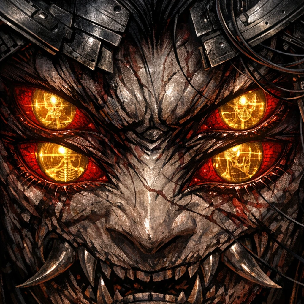 The six glowing golden eyes of Kokushibo analyzing his opponents through the Transparent World.