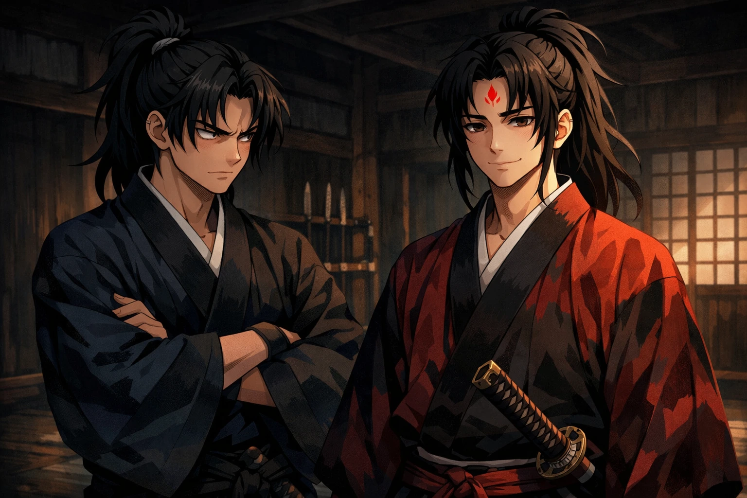 The human origins of Kokushibo as Michikatsu with his twin brother Yoriichi in the dojo.