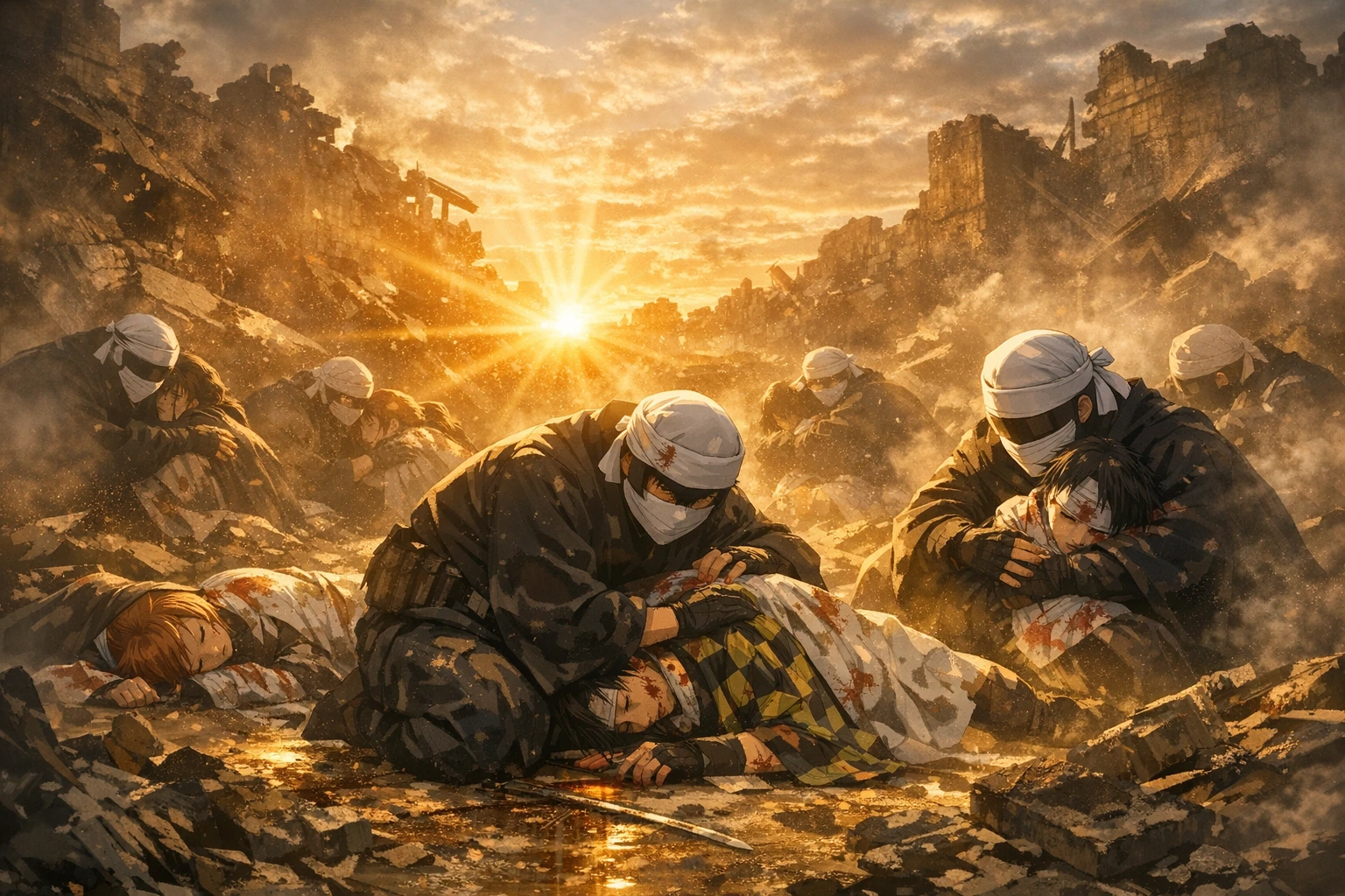 Demon Slayer Kakushi protecting wounded slayers during the sunrise triage of the final battle.