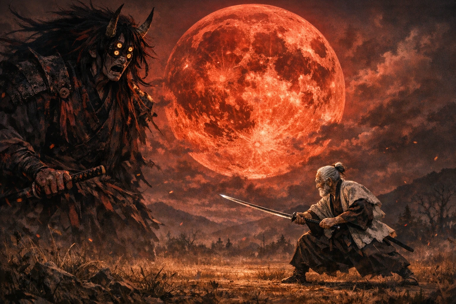 The immortal Kokushibo facing the 80-year-old Yoriichi under a blood-red moon.