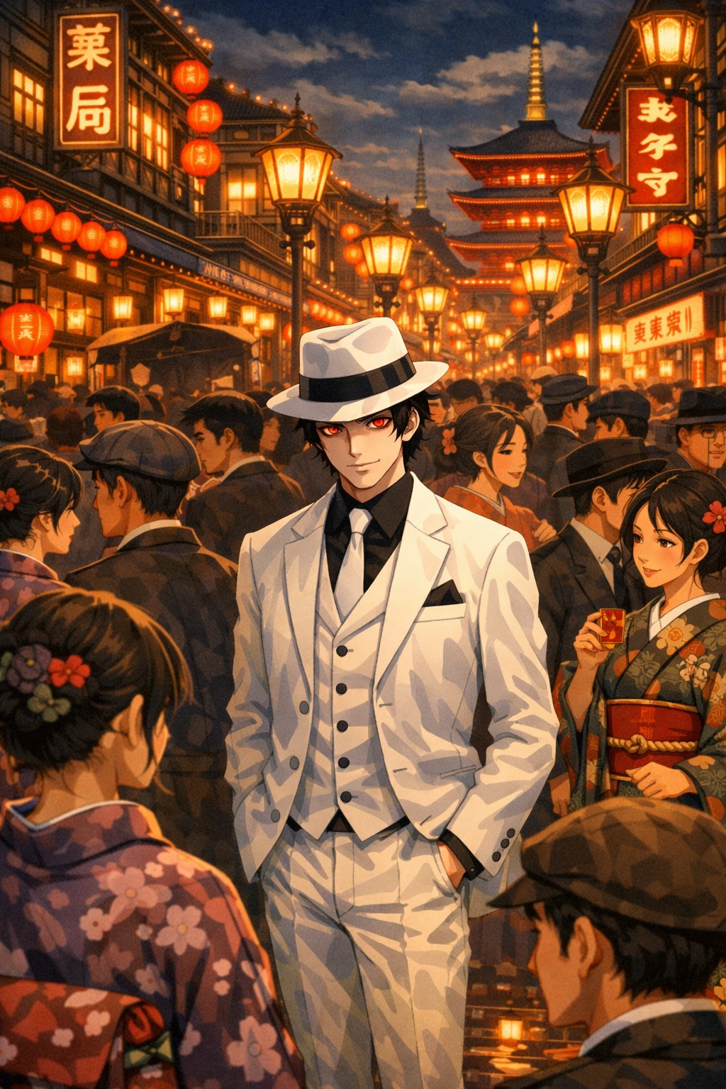 Demon Slayer Taisho Era - Muzan hiding in the bustling, brightly lit city of Asakusa.