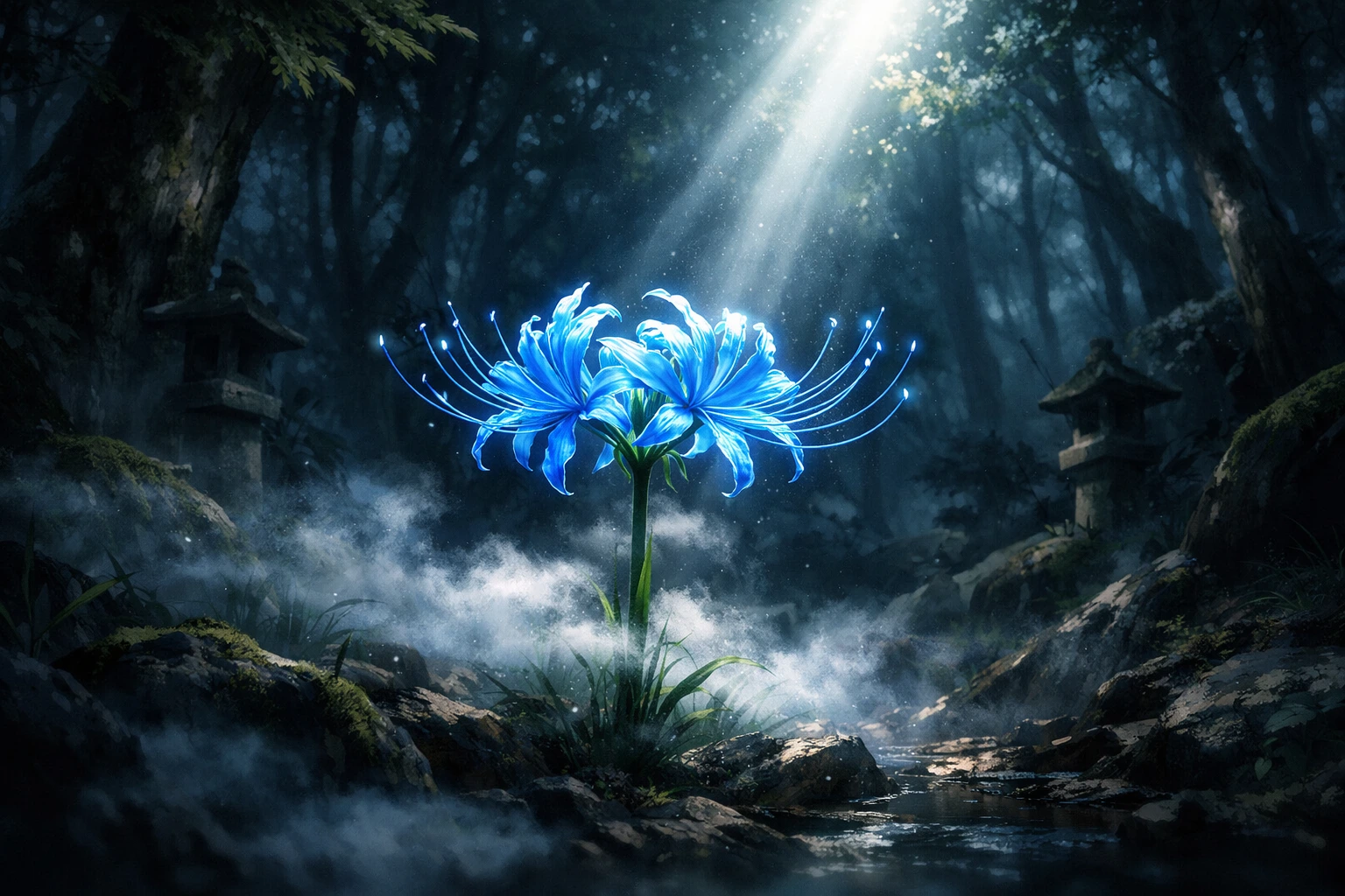 Glowing Blue Spider Lily in a dark forest, the ultimate mystery of Demon Slayer.