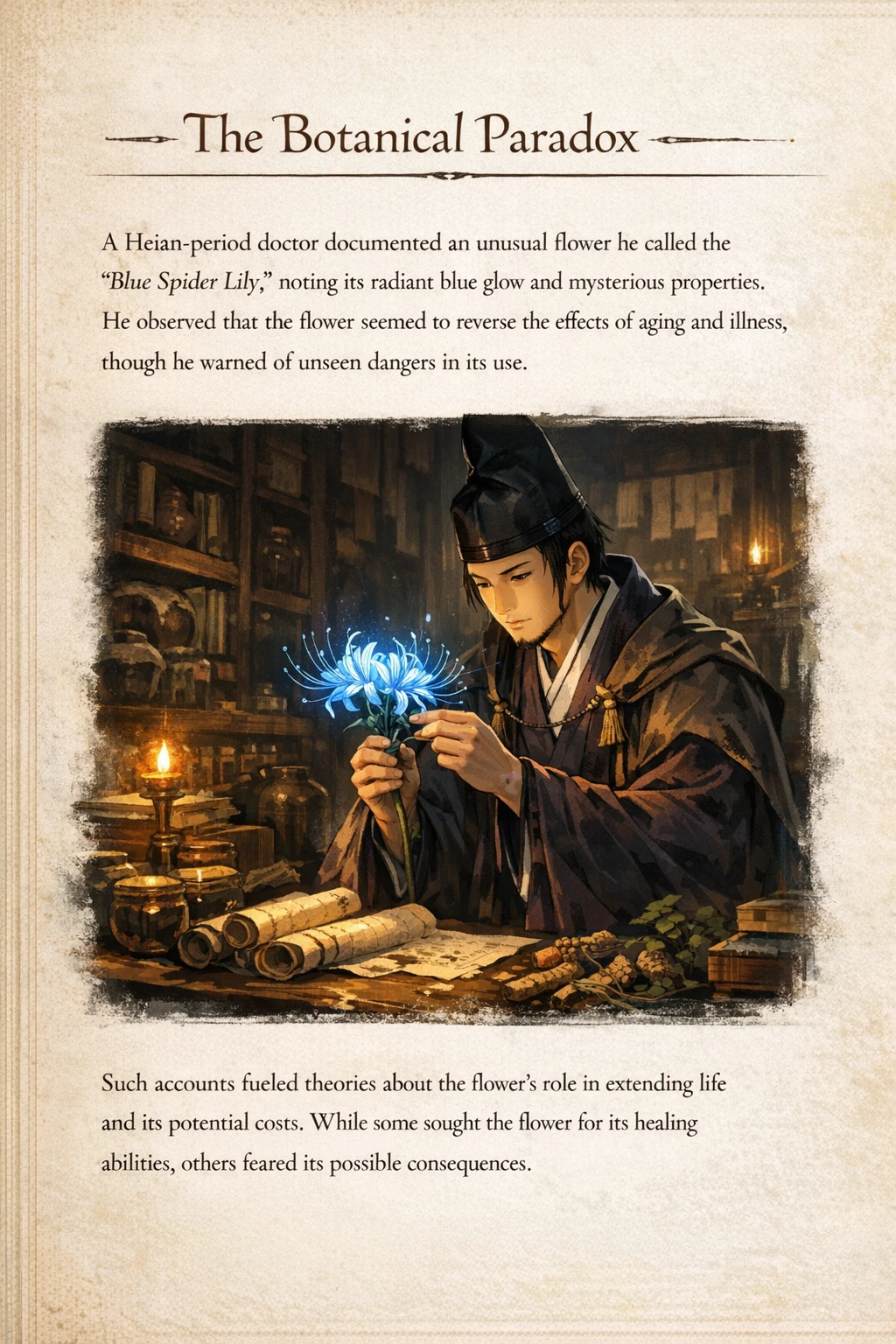 A Heian era doctor studying the rare Blue Spider Lily plant.