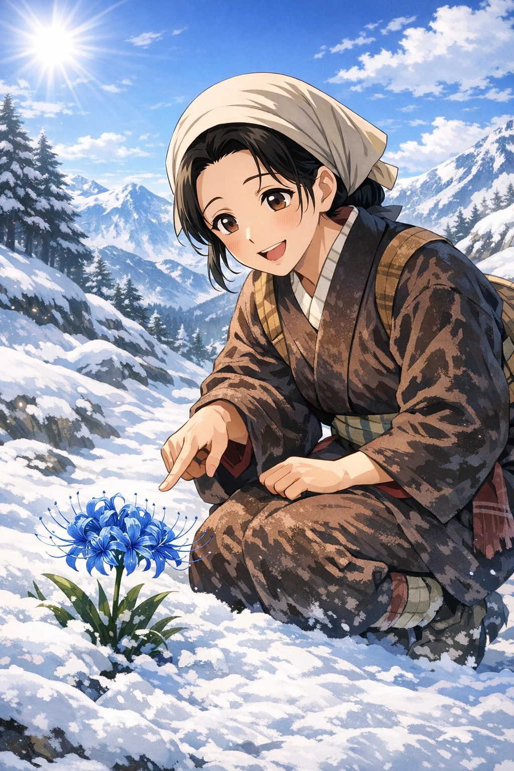Kie Kamado discovering the blooming Blue Spider Lily on the snowy mountain.