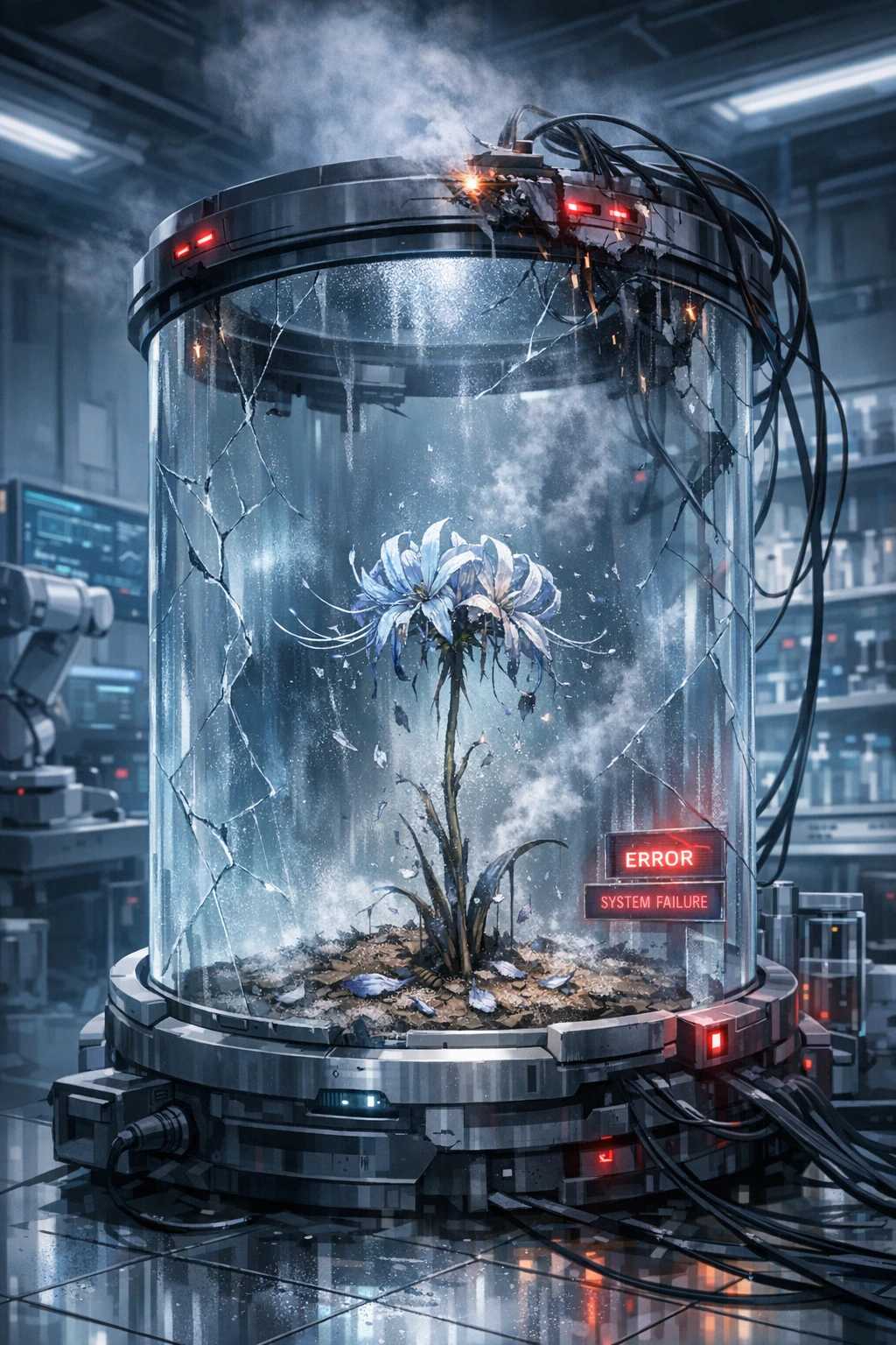 The final Blue Spider Lily withering in a modern scientific laboratory.