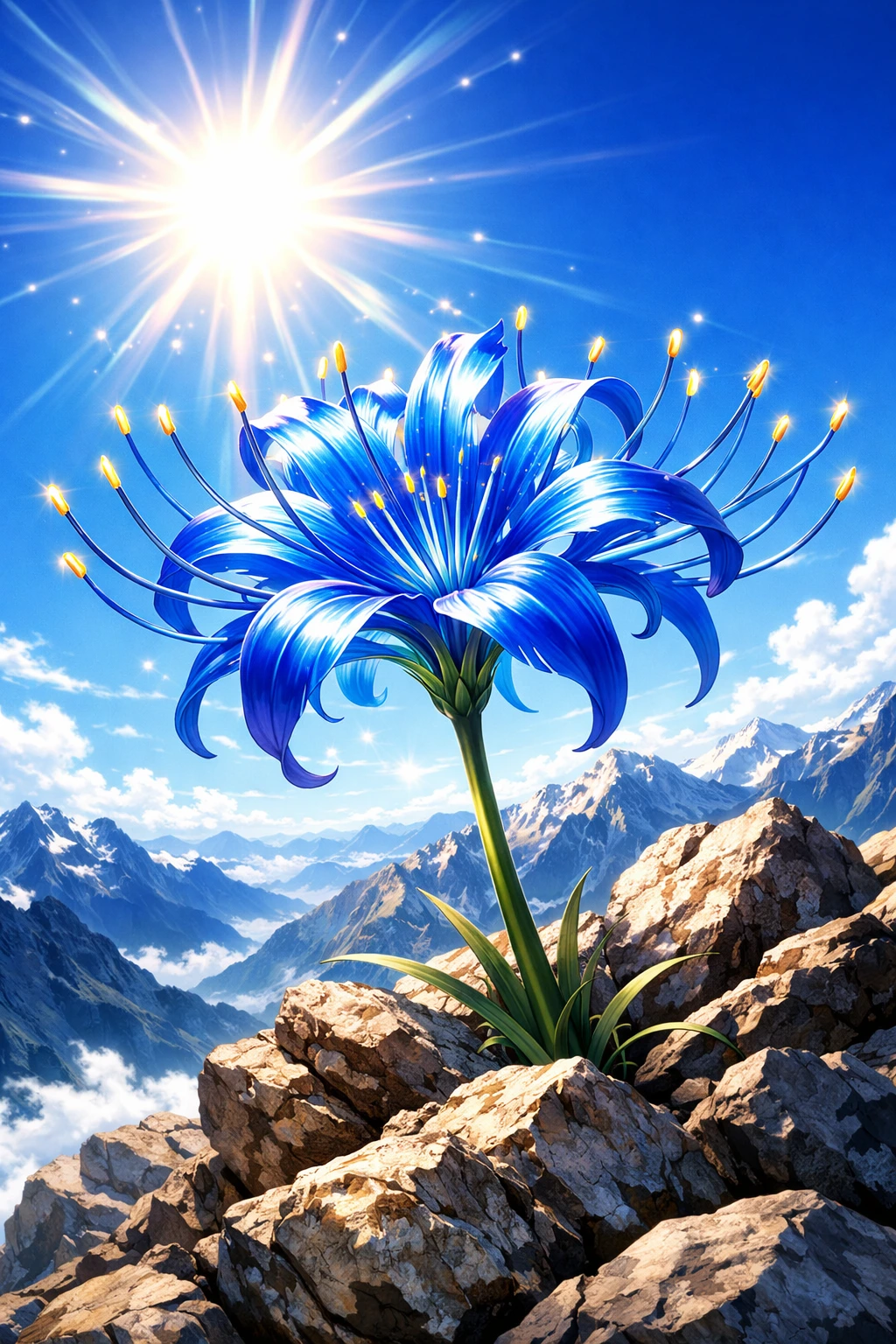 The Blue Spider Lily blooming perfectly under intense sunlight on a mountain peak.