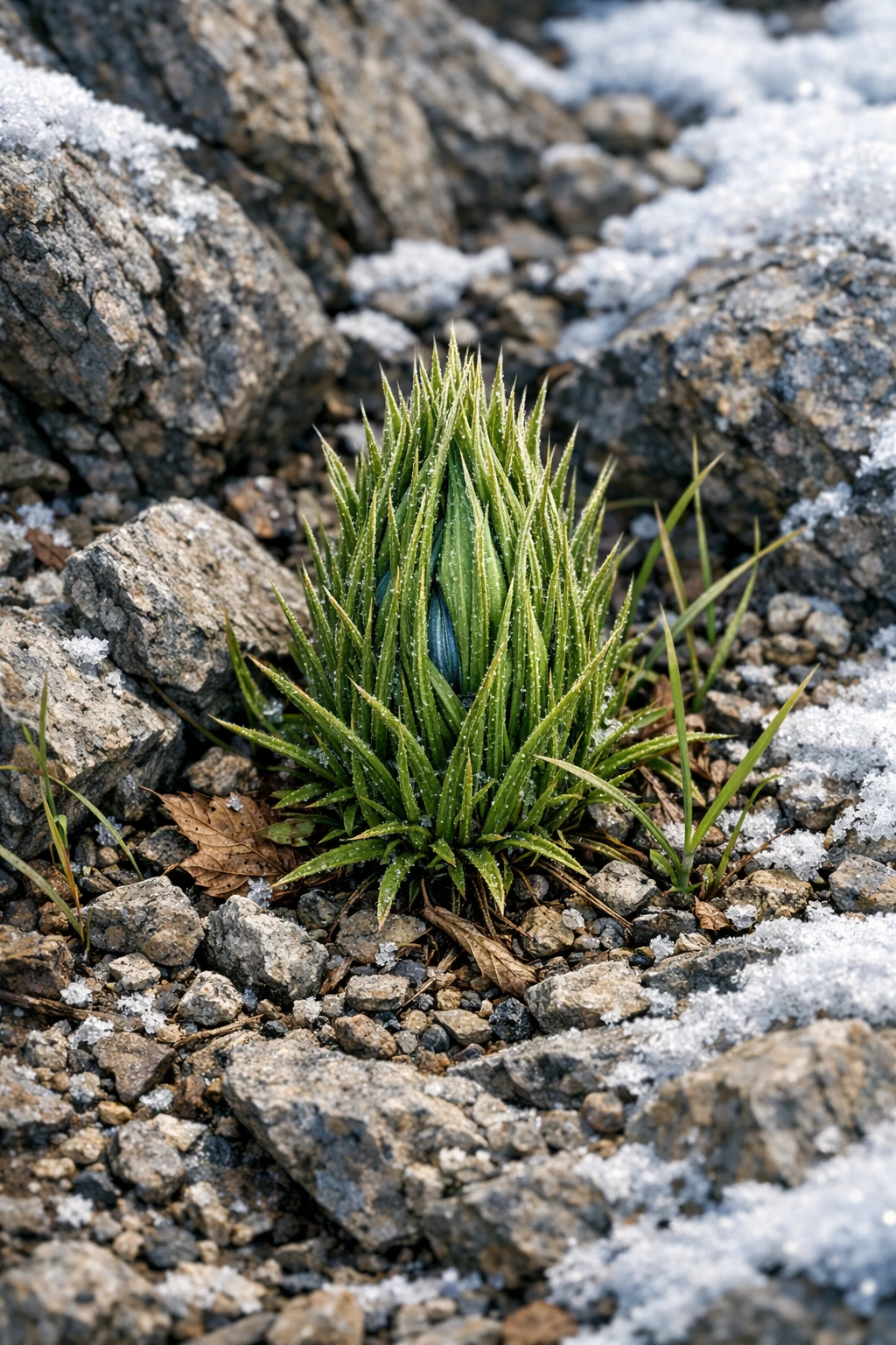 The dormant Blue Spider Lily disguised as a common weed in the rocky terrain.