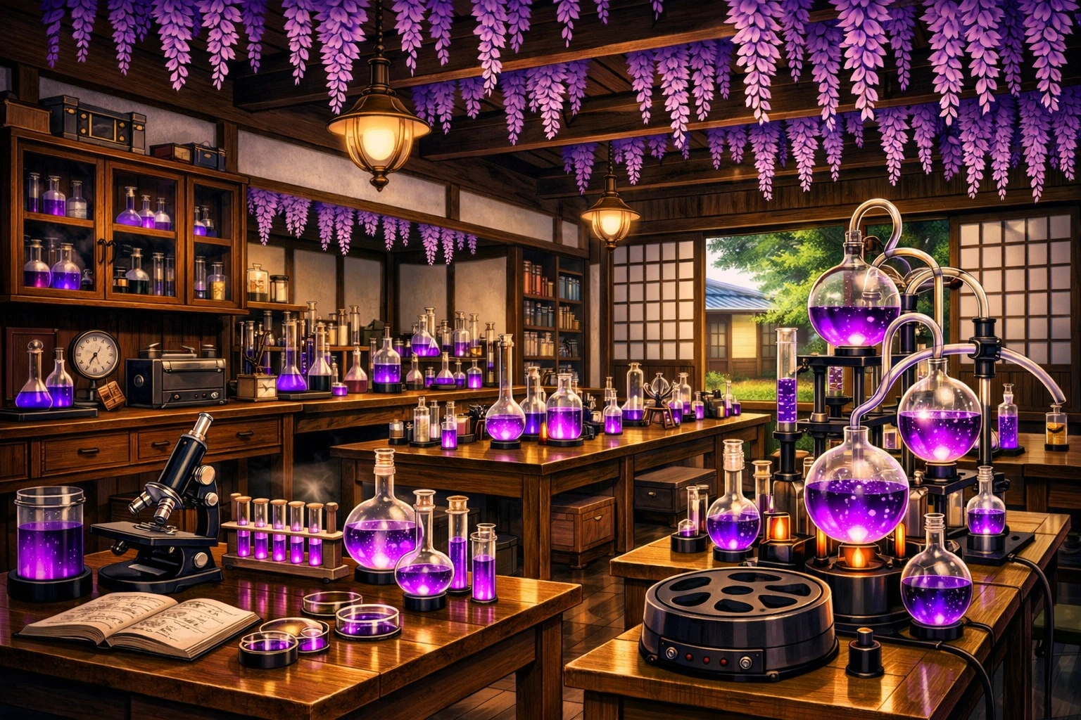 Demon Slayer Taisho Era - Modern chemical laboratory inside the traditional Butterfly Mansion.