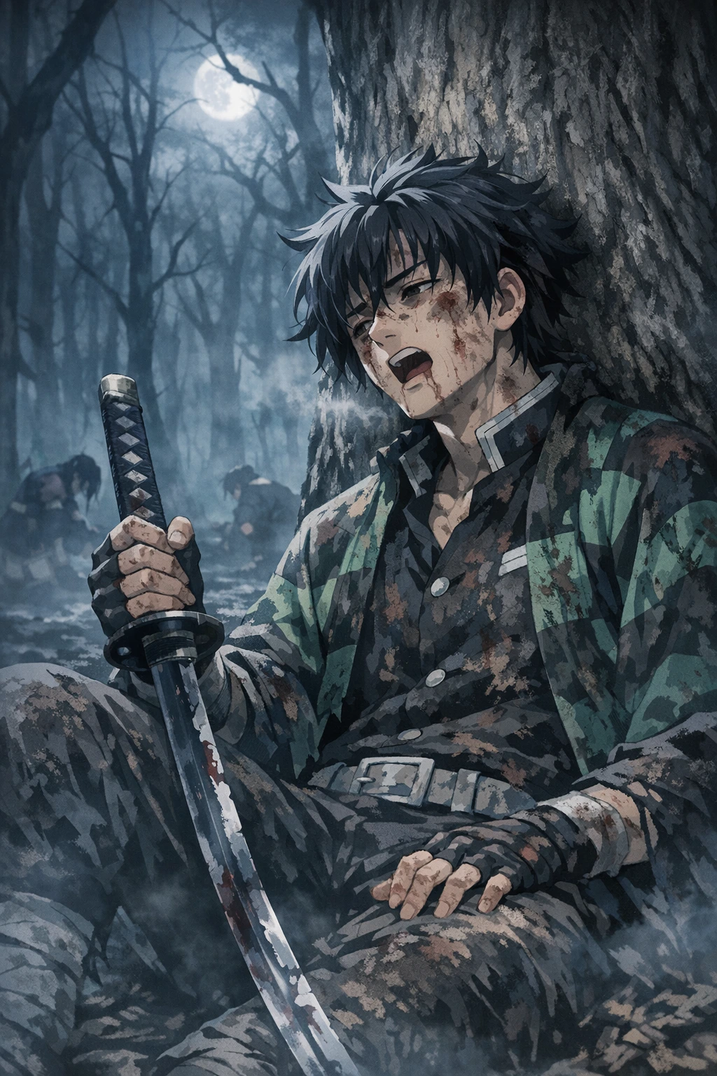 Exhausted candidates struggling to survive the seven days of the Demon Slayer Final Selection.