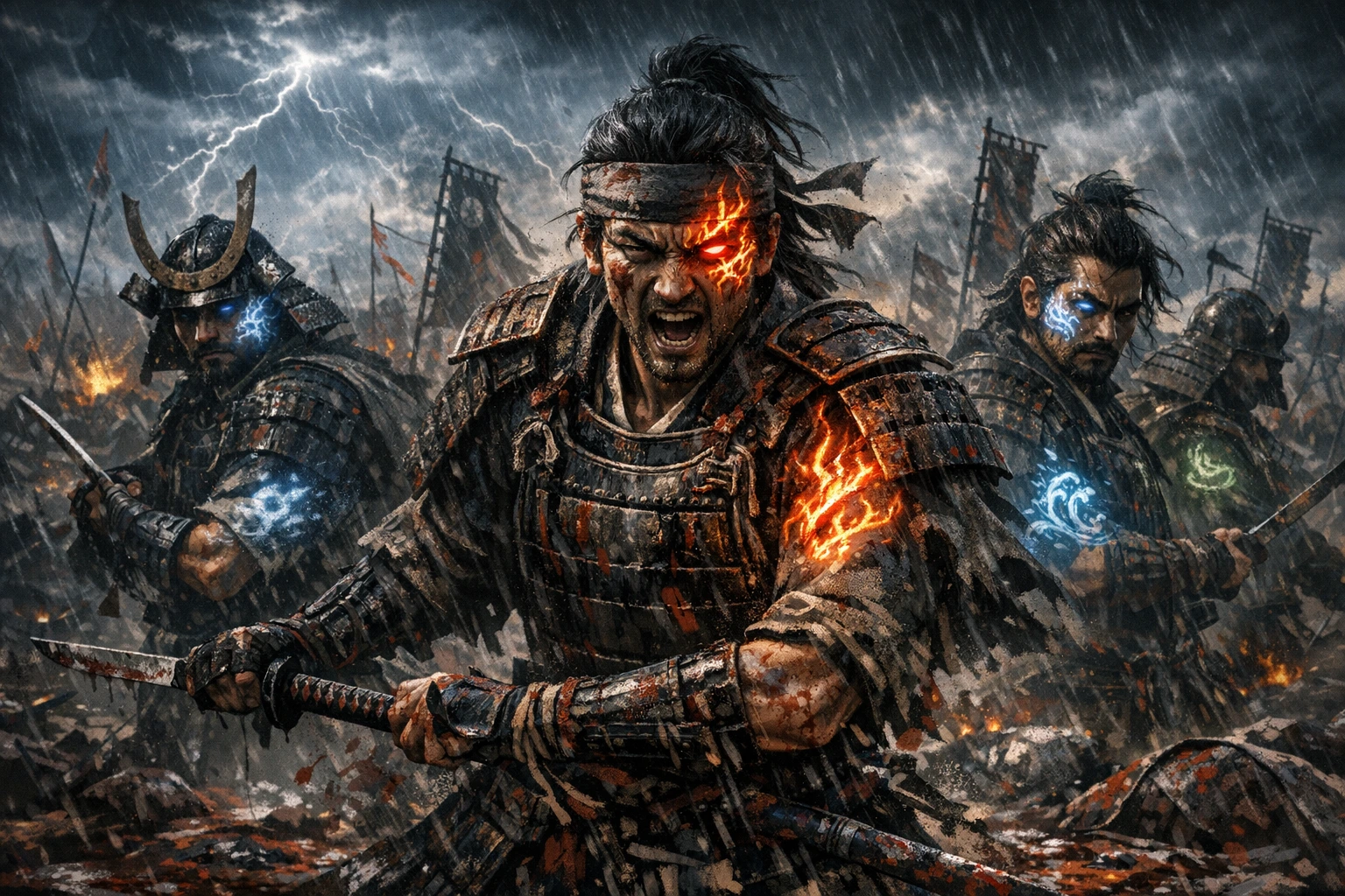 Ancient Sengoku era samurai awakening the Demon Slayer Mark.