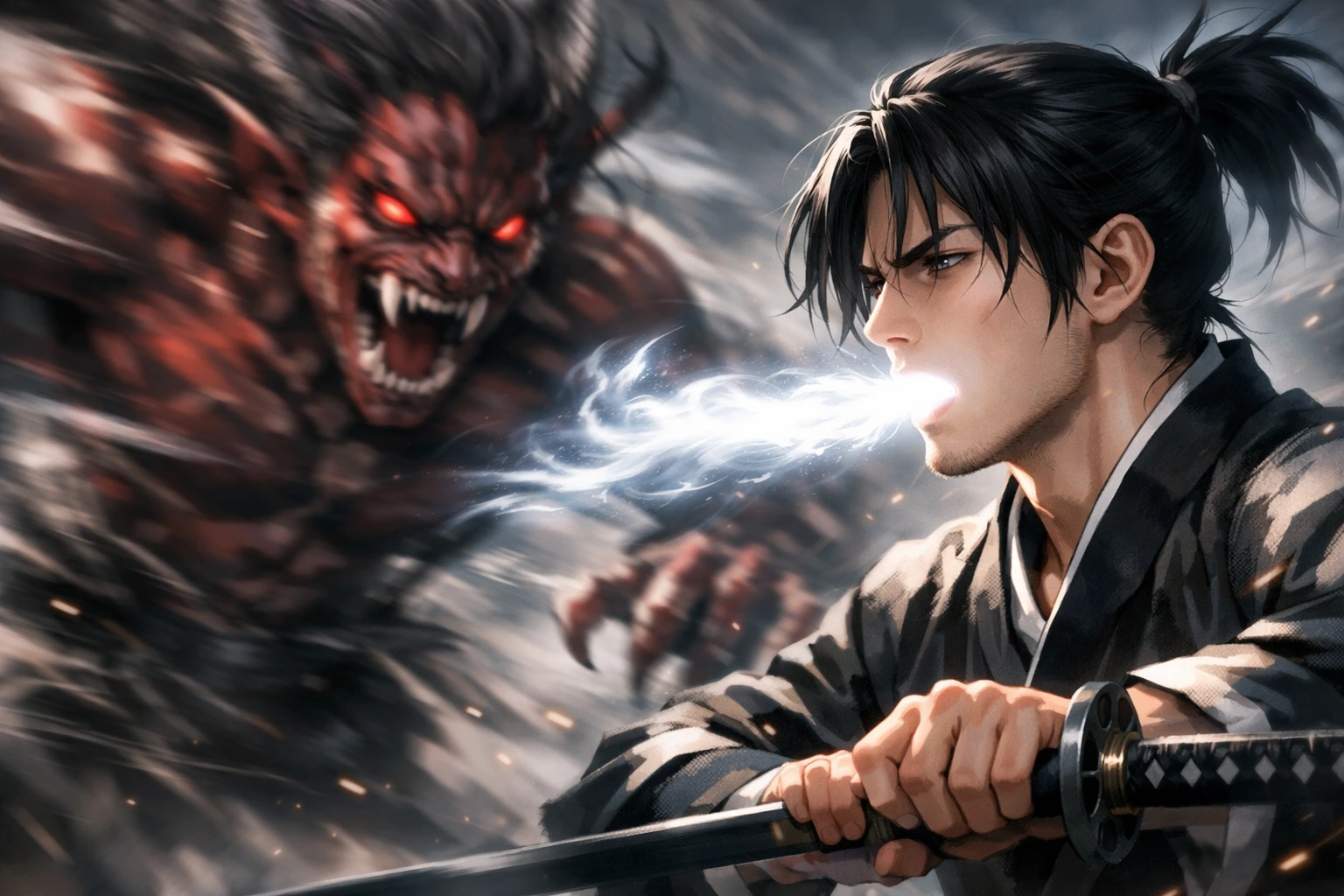 A terrifying demon attacking a swordsman using Total Concentration Breathing at extreme speed.