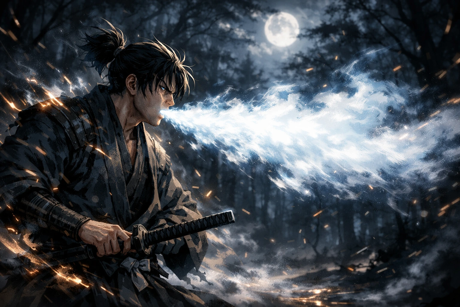 A cinematic visualization of Total Concentration Breathing showing a human warrior radiating intense bio-energy.