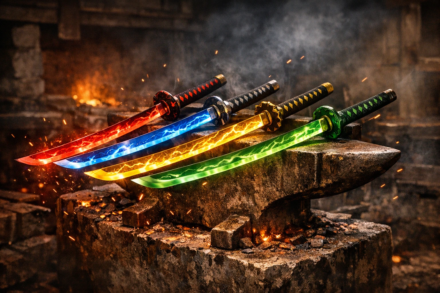 A glowing array of Nichirin Blades showing different colors, highlighting the ultimate alchemy.