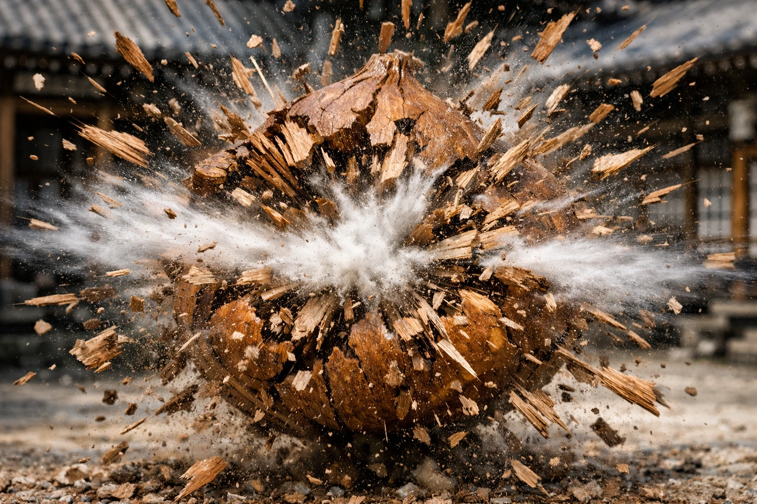 Giant hardened gourds shattering from the extreme lung pressure of Total Concentration Breathing.