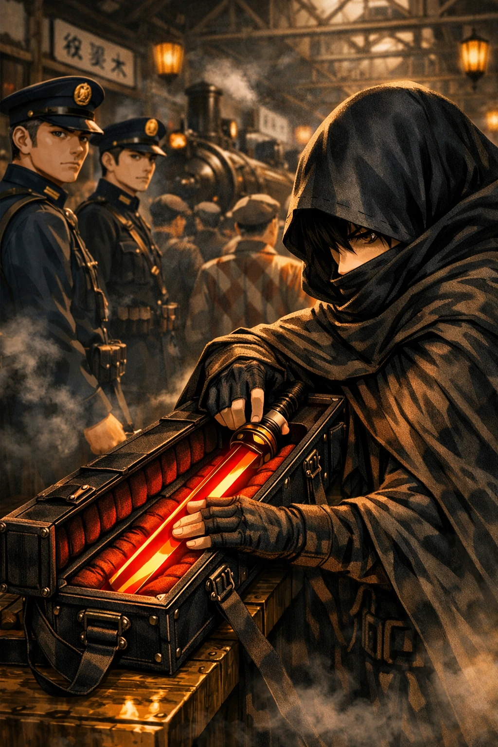 Demon Slayer Taisho Era - A slayer carefully hiding a Nichirin sword from Taisho police officers.