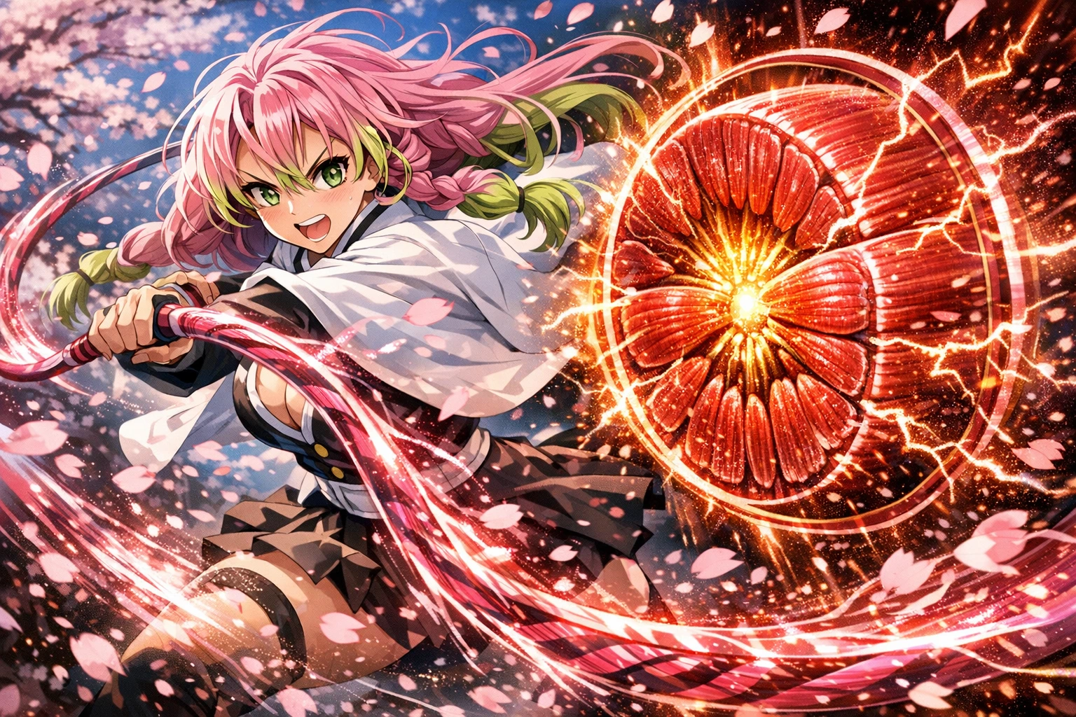Demon Slayer Hashira Mitsuri Kanroji demonstrating her mutated eight-fold muscle density in combat.