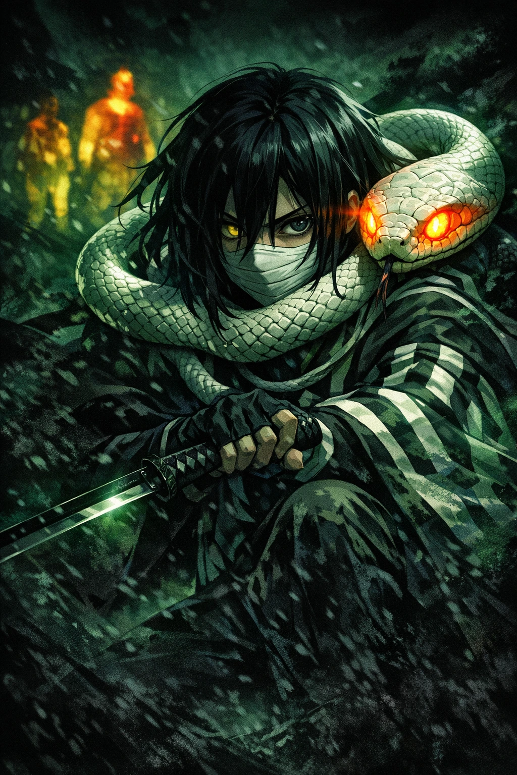 Demon Slayer Hashira Obanai Iguro using his snake Kaburamaru for thermal battlefield awareness.