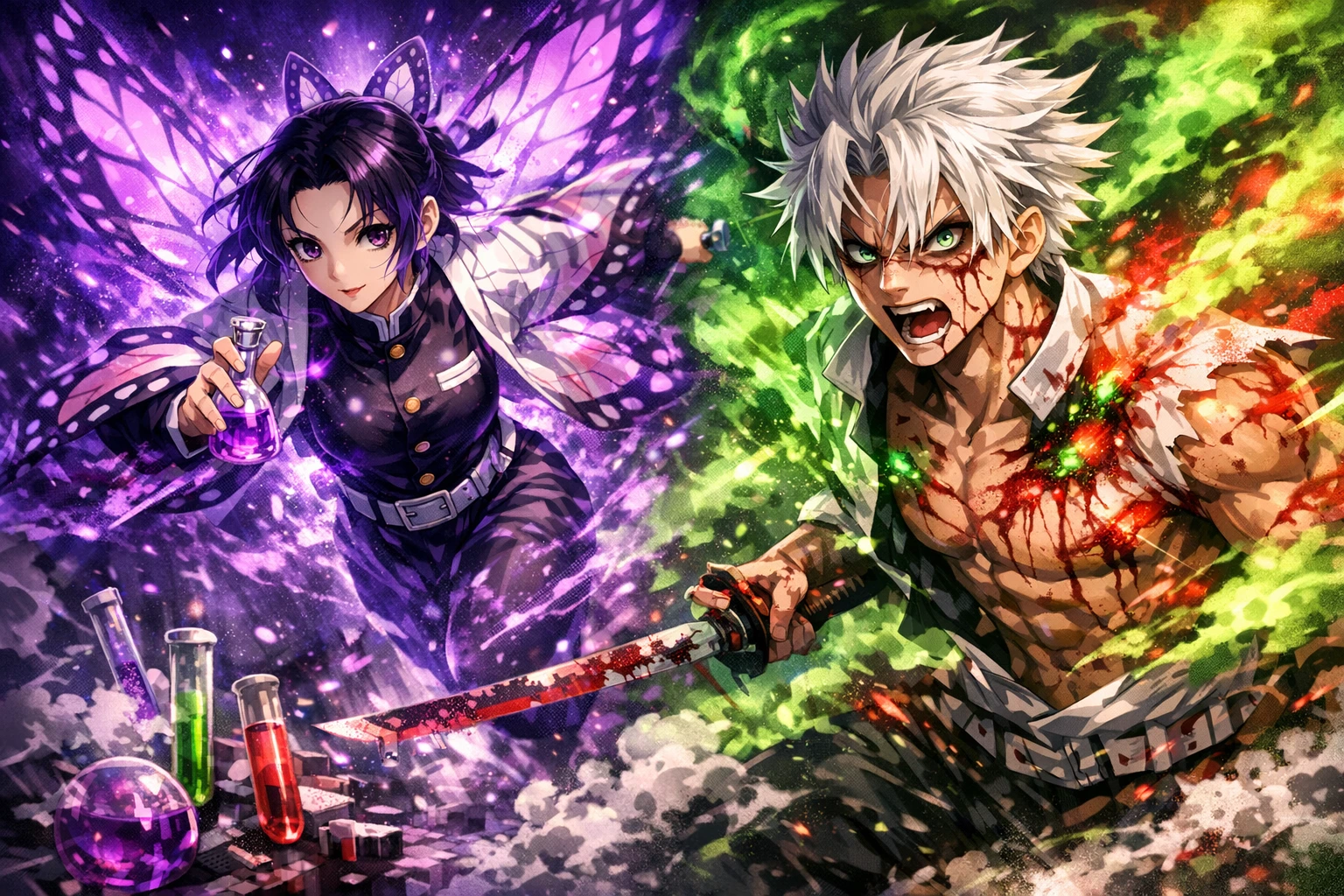 Demon Slayer Hashira Shinobu and Sanemi utilizing chemical warfare and rare Marechi blood.