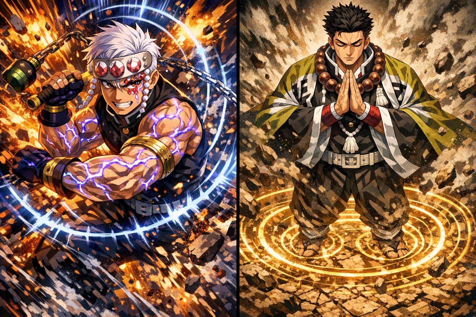 Demon Slayer Hashira Tengen and Gyomei utilizing their mutated anatomy and superhuman echolocation.