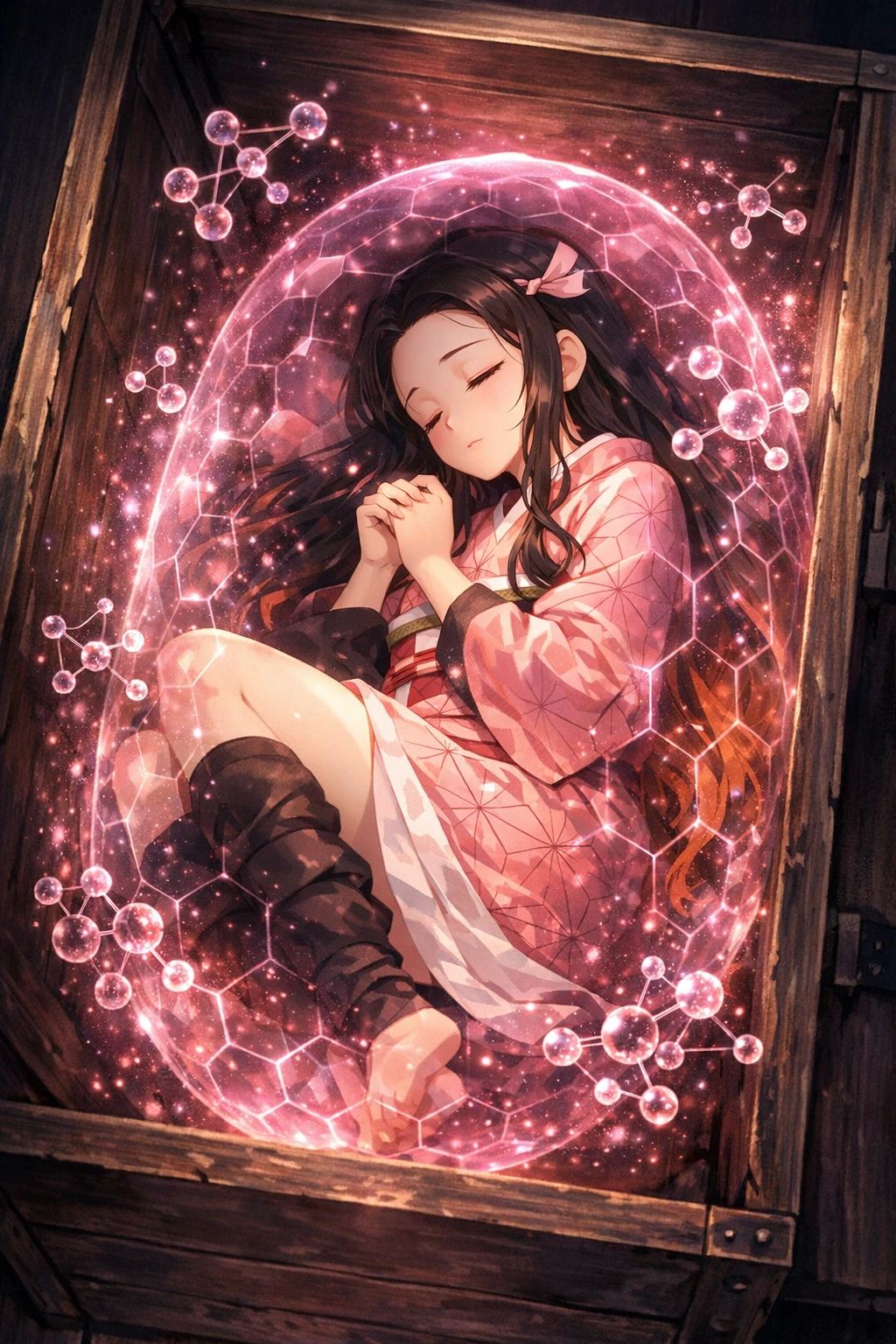 Nezuko's body entering metabolic stasis to combat the Demonification virus.