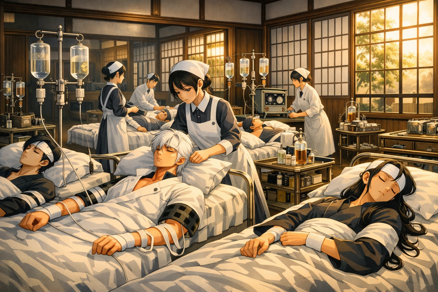 Demon Slayer Taisho Era - Injured slayers receiving modern medical treatment and IV drips.