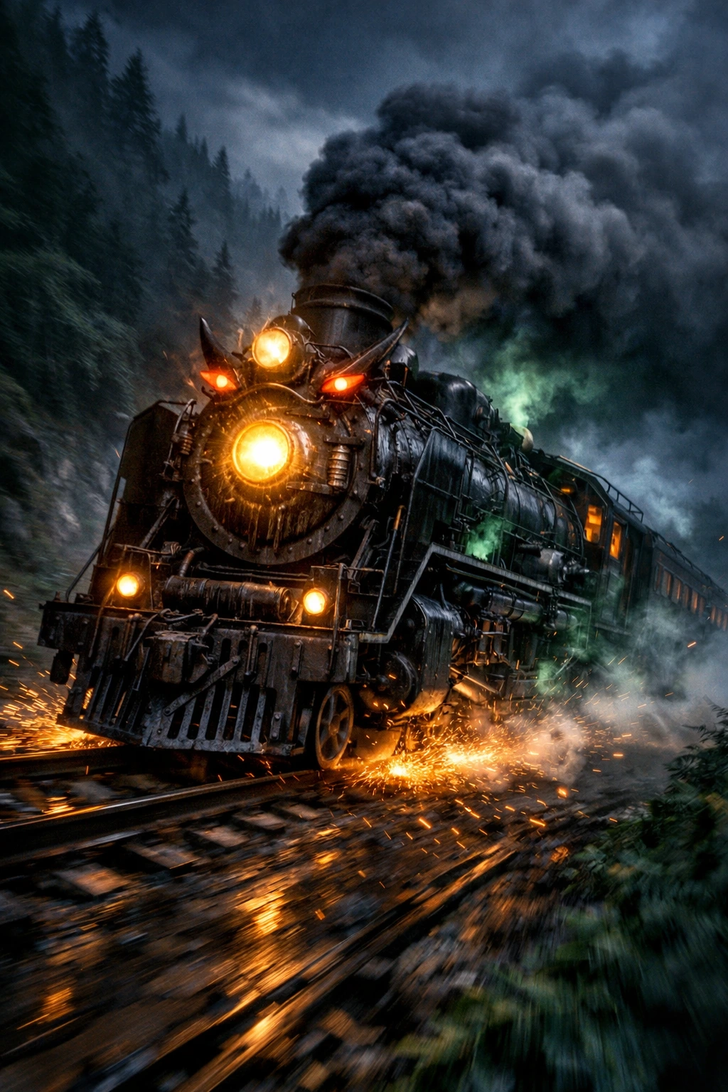 Demon Slayer Taisho Era - A massive steam locomotive speeding through the dark mountains.