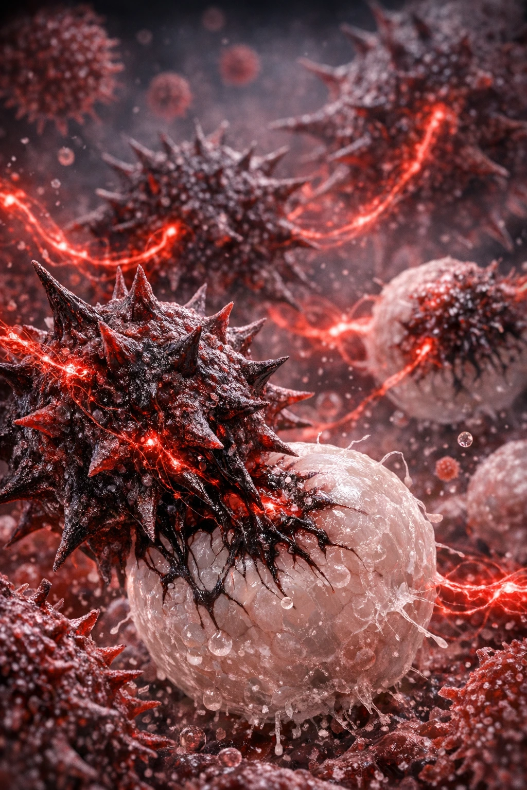 : Microscopic view of the parasitic virus and blood curse within Muzan Kibutsuji Demonic Biology.