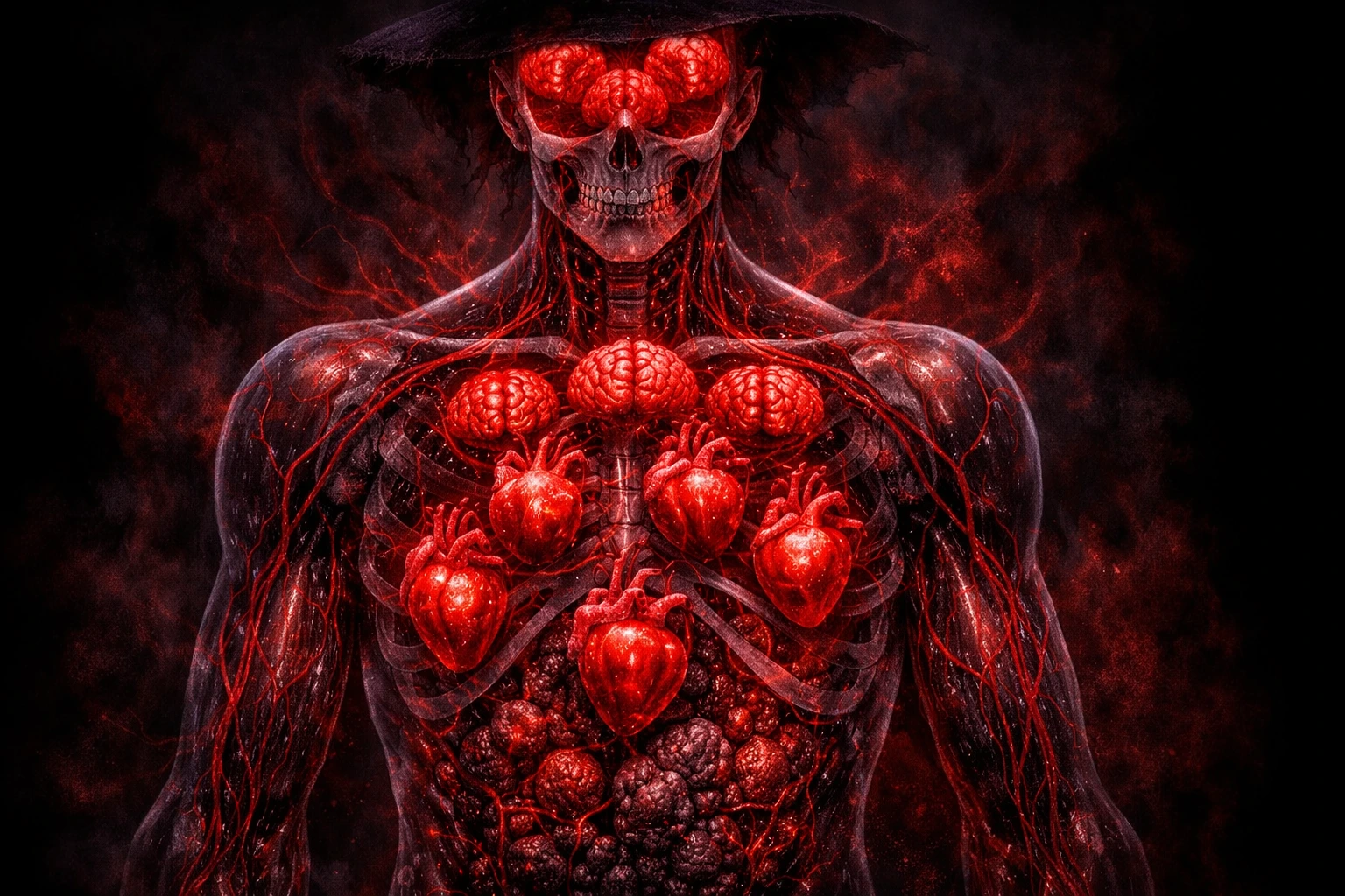 Detailed X-ray anatomical breakdown of Muzan Kibutsuji Demonic Biology showing multiple hearts and brains.