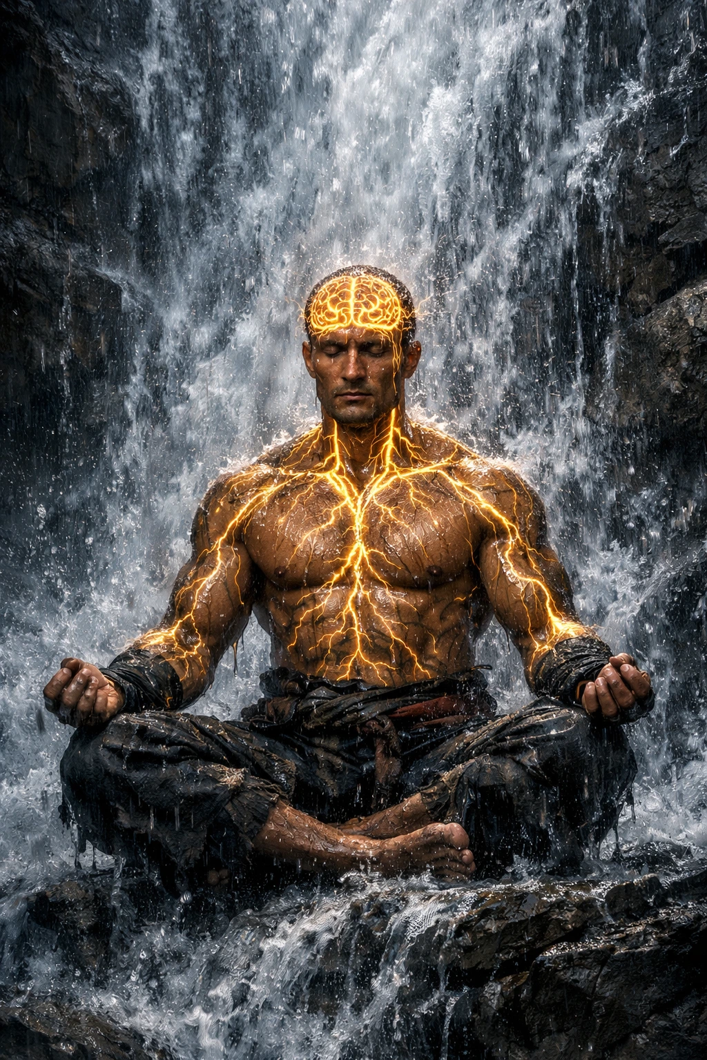 A warrior meditating under a waterfall, mastering the neural pathways of Total Concentration Breathing.