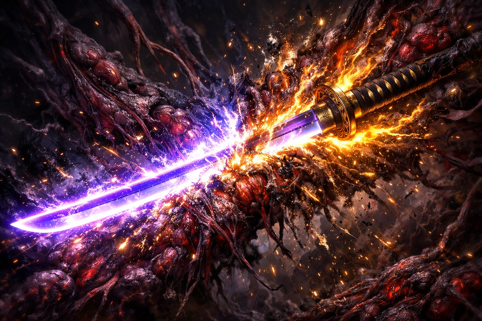 Nichirin blade destroying DNA through Demon Slayer Blood Demon Arts nullification.