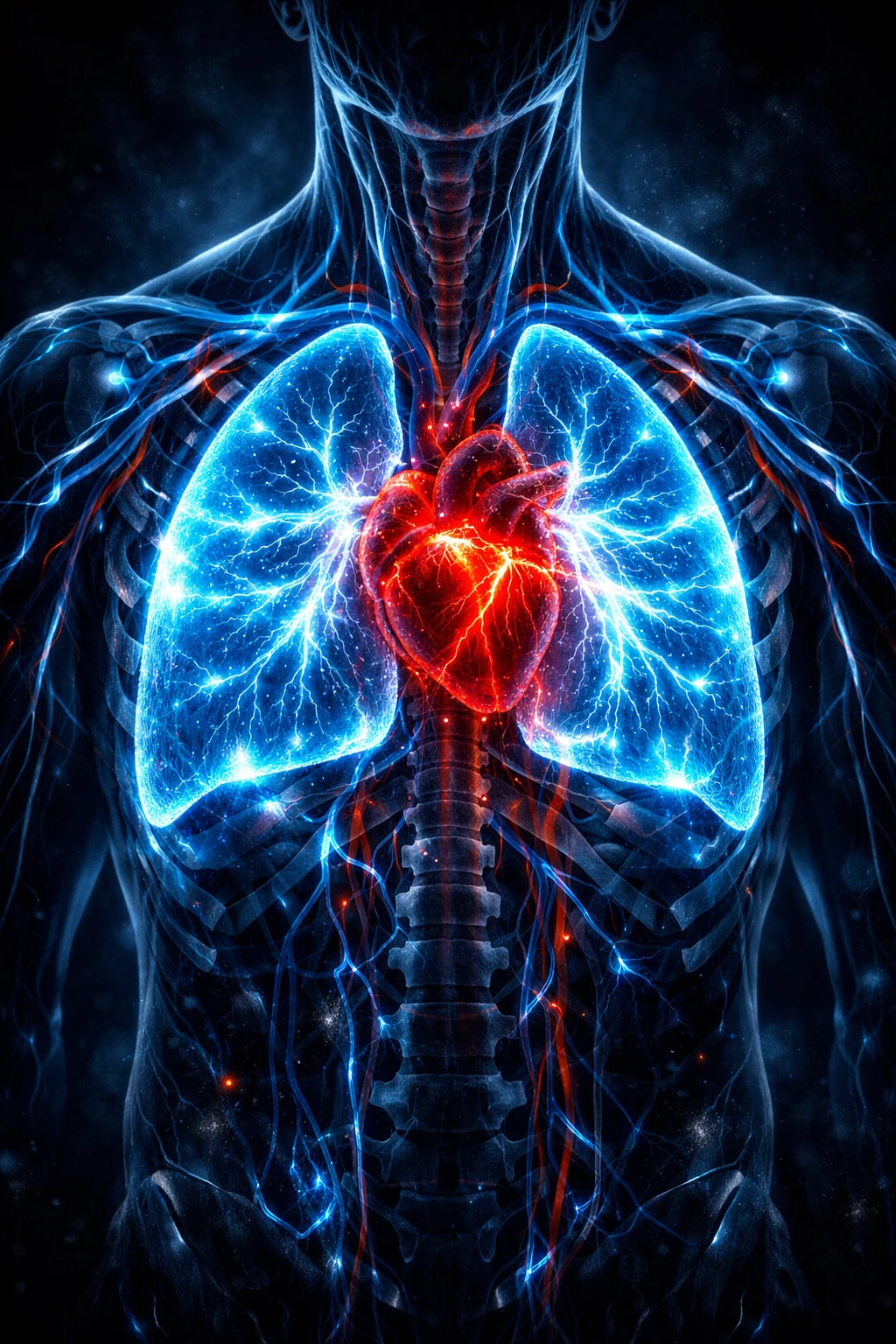 A glowing anatomical view of lungs expanding to their limit during Total Concentration Breathing.