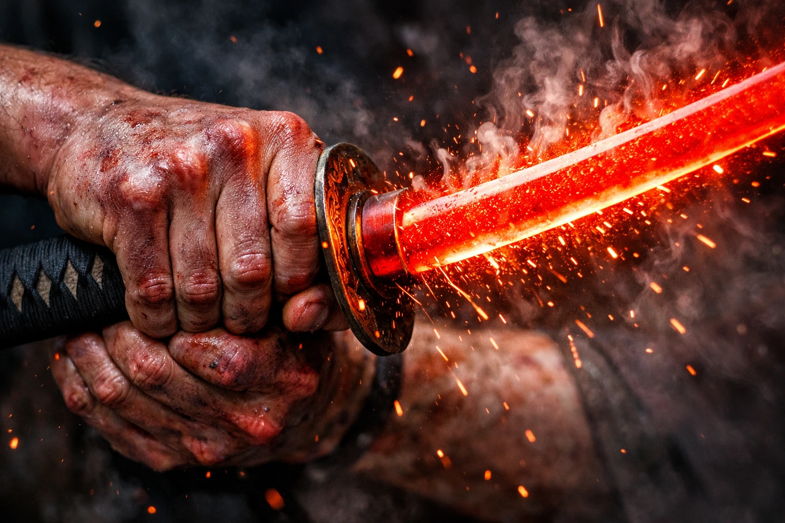 The intense heat from Total Concentration Breathing turning a steel sword bright crimson red.