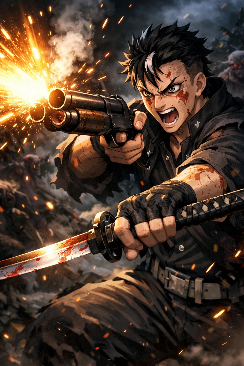 Genya using his double-barreled shotgun before human-demon cannibalism.